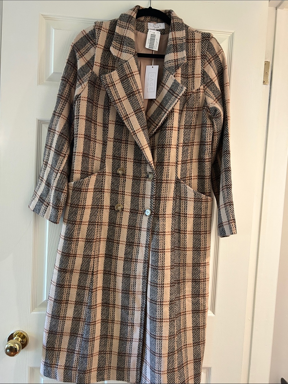 Sage Plaid Double-Breasted Trench Coat in Beige and Black
